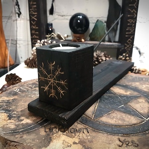 Incense & Candle Holder, Made of Solid Wood, Charred Black and Hand Carved with the Viking Helm of Awe. Heathen Decor Pagan Gifts image 1