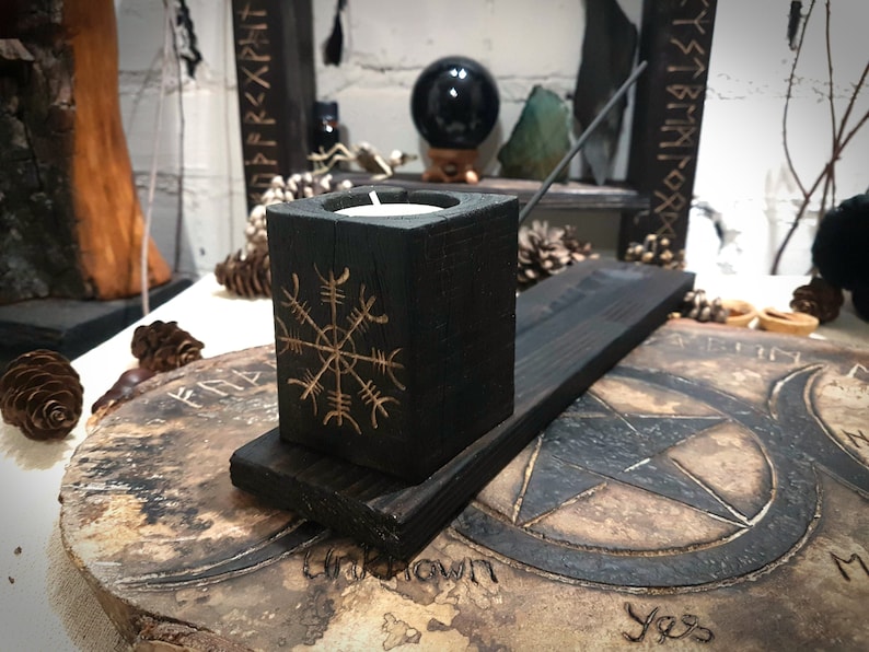 Incense & Candle Holder, Made of Solid Wood, Charred Black and Hand Carved with the Viking Helm of Awe. Heathen Decor Pagan Gifts image 1