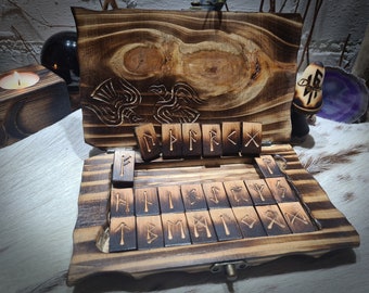 Elder Futhark Rune Set, Hand Crafted Charred Oak Runes with Bespoke Pine Wood Box Carved With Odin's Ravens - Huginn & Muninn.