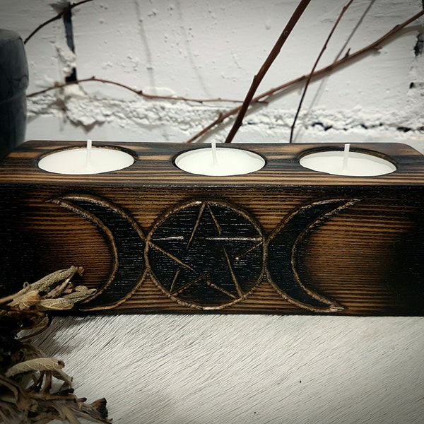 Triple Moon Goddess Tea Light Holder Hewn and Hand Carved From Aged Solid Oak.