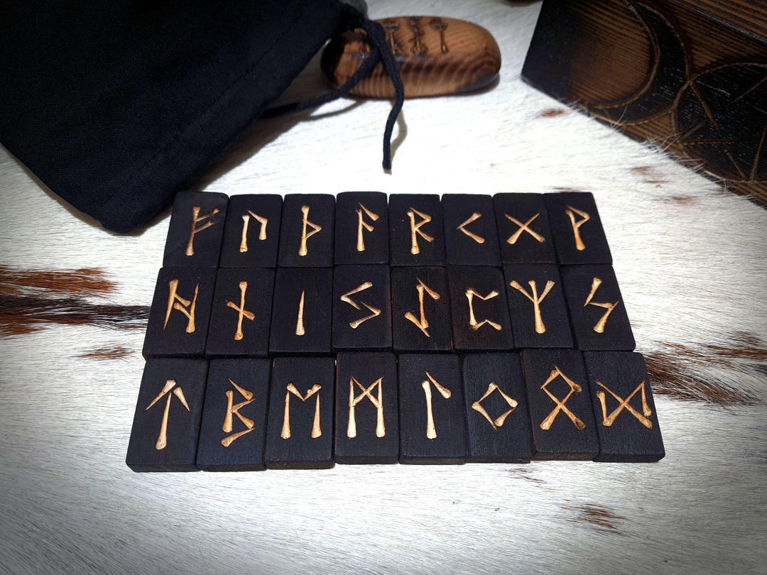 Birch Wood Rune Set | Norse Elder Futhark Hand Carved Runes in Charred ...