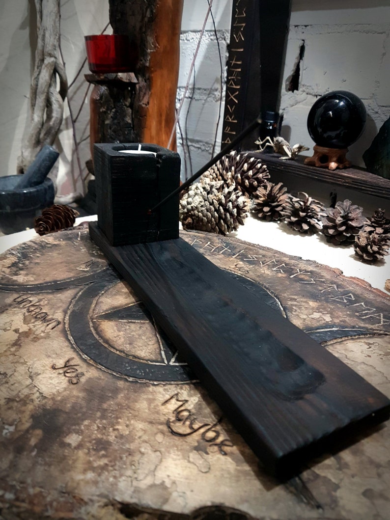 Incense & Candle Holder, Made of Solid Wood, Charred Black and Hand Carved with the Viking Helm of Awe. Heathen Decor Pagan Gifts image 3