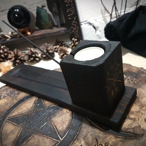 Incense & Candle Holder, Made of Solid Wood, Charred Black and Hand Carved with the Viking Helm of Awe. Heathen Decor Pagan Gifts image 6