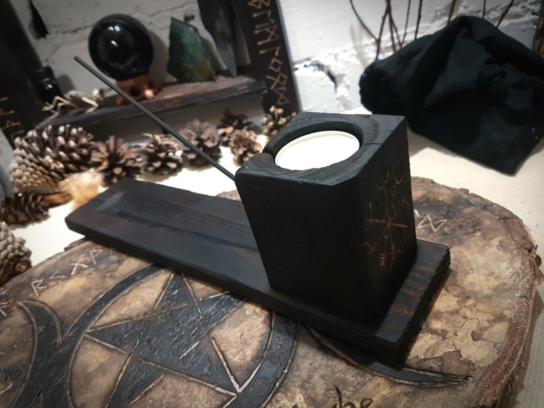 Incense & Candle Holder, Made of Solid Wood, Charred Black and Hand Carved with the Viking Helm of Awe. Heathen Decor Pagan Gifts image 6