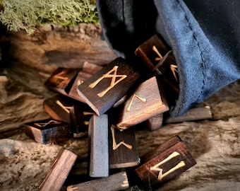 Authentic Hand Carved Norse Elder Futhark Viking Runes in Charred Black Birch Wood.