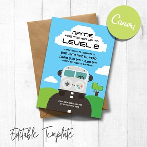 Gaming Bus Birthday Invitation | Level Up Pixel Party Invite | Editable Canva Template | Digital Download