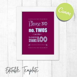 Puede incluir: Impresión enmarcada con fondo morado oscuro y texto blanco: "Please NO no. TWOS in the DOWN STAIRS LOO". Un círculo verde con "Canva" está en la esquina superior derecha. La frase "Editable Template" está abajo.