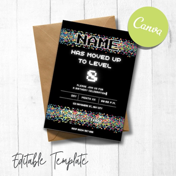 Pixel Art Birthday Invitation | Retro Gaming Party Invite | Editable Canva Template | Digital Download