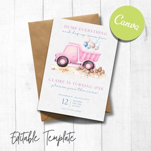 Pink Construction Birthday Invitation | Girl Digger Party Invite | Editable Canva Template