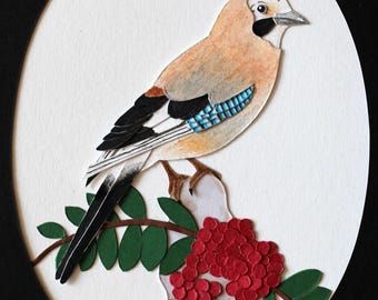 Handmade Collage / Paper Feathers Serie - Eurasian Jay