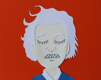 Collage Albert Einstein orange / Papercraft - papercut handmade / Face paper cut handmade illustration