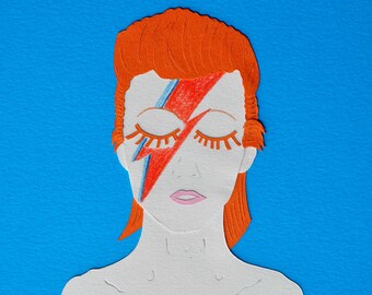 Collage David Bowie / Ziggy Starduste / Heroes / blue / papercraft - papercut handmade / hand-made paper cut illustration face