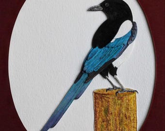 Handmade Collage / Paper Feathers Serie - Eurasian Magpie