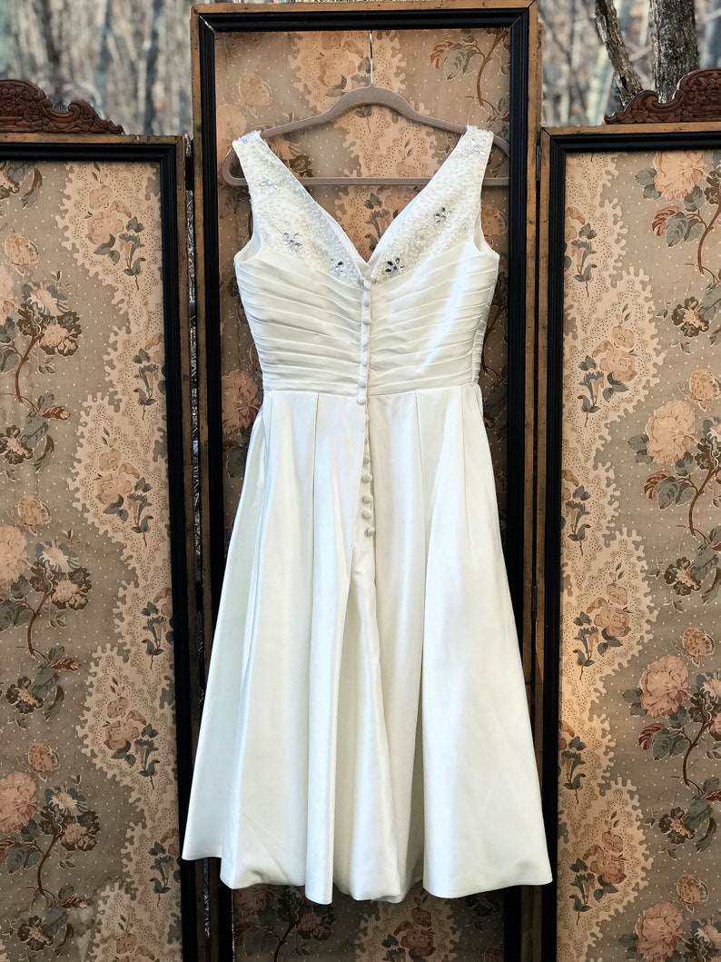 Adorable Vintage-Style Custom-Made Heavy Silk and Beaded Classic White Tea Length Gown with Buttoned Back