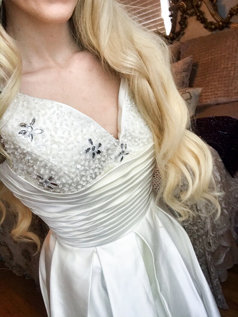 Adorable Vintage-Style Custom-Made Heavy Silk and Beaded Classic White Tea Length Gown with Buttoned Back