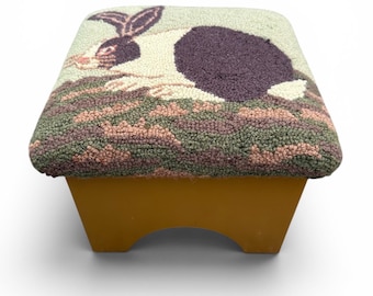 Vintage Rabbit Wool Hook Rug Foot Stool Brown White Green Wooden Base Folk Art