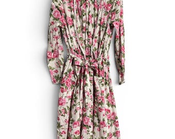 Vintage Women’s Robe And Gown With Cabbage Roses All Over Cotton Size Large 2 PC