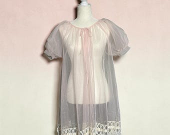 Vtg Gaymode Pink Floral Peignoir Lingerie Robe Size Medium Chiffon Boudoir Sheer