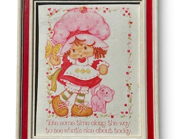 Vintage Framed Strawberry Cake Print Girl Custard Butterfly 1980 AGC