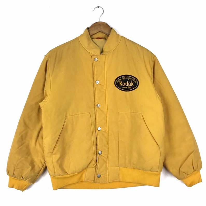 Vintage 90s KODAK COLOR FILM Enjoy Life Enjoy Photo Embroidered Logo Yellow Puffer Windbreaker Jacket Medium Size Fuji Film Sony Accesssorie