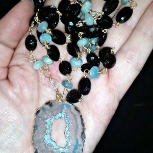 Aqua Agate Slice Pendant on 30&quot; Spinel and Aquamarine Hand Wrapped Chain