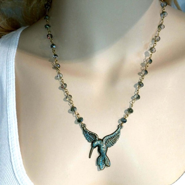 Hummingbird Pendant On 18" Czech Glass Beaded Chain