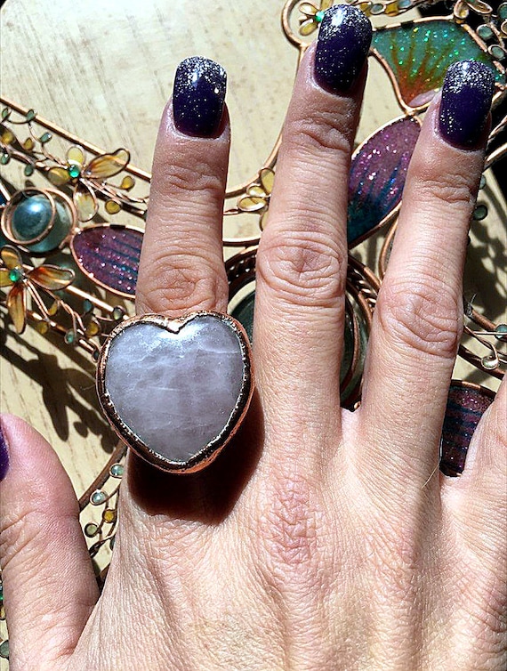 Copper Electroformed Heart Shaped Rose Quartz Ring