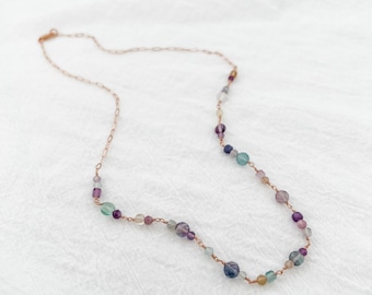 Fluorite necklace, gemstone necklace, ocean necklace, drawn cable chain necklace, beachy necklace, fluorite chain necklace