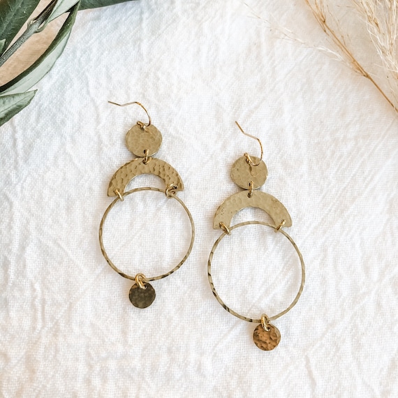 Brass hoop earrings, brass hoop danglers, hammered earrings, hammered brass earrings, hammered gold earrings