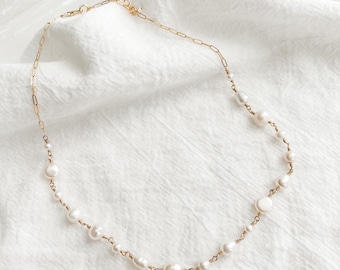 Pearl necklace, gold pearl necklace, multi pearl necklace, silver pearl necklace, drawn cable chain necklace, pearl chain necklace