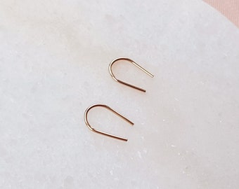 Minimalist gold arc earrings, small open hoop threader earrings, modern minimal 14k gold filled (rolled) earrings,