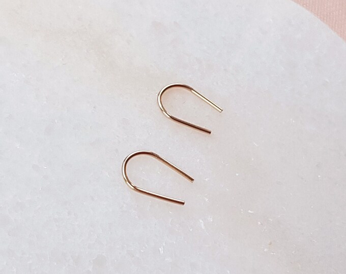 Minimalist gold arc earrings, small open hoop threader earrings, modern minimal 14k gold filled (rolled) earrings,