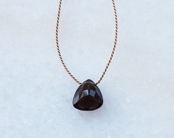 Minimalist Smokey Quartz gemstone silk cord necklace | Floating faceted briolette | Simple, fine cord necklace