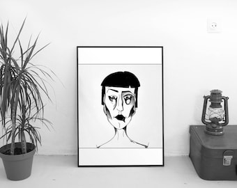 Aquarelle unique décoration mural noir et blanc illustration art alternatif portrait femme fictif dessin original art graphique par kunsst