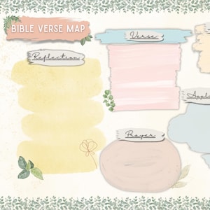 May include: A printable Bible verse map with sections for the verse, key words, reflection, application, and prayer. The map is decorated with floral elements and a light green border.