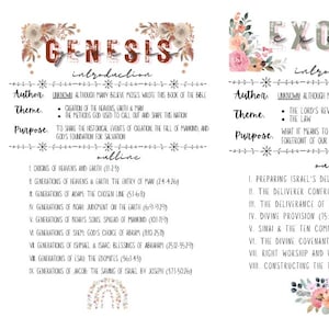 May include: A printable chart with floral borders outlining the books of Genesis and Exodus from the Bible. The chart includes the author, theme, purpose, and outline of each book.
