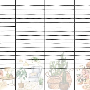 May include: A printable planner page with a lined background and a watercolor illustration of a living room with furniture, plants, and a rug. The illustration is divided into three sections.