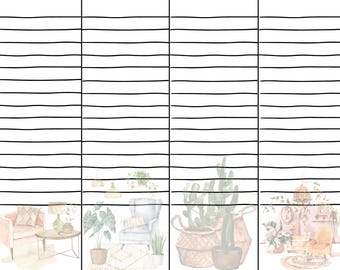 May include: A printable planner page with a lined background and a watercolor illustration of a living room with furniture, plants, and a rug. The illustration is divided into three sections.