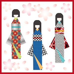 May include: Three stylized Japanese dolls with black hair and colorful kimono. The dolls are set against a white background with pink cherry blossoms and a red border. The kimono feature geometric patterns in red, blue, and black.