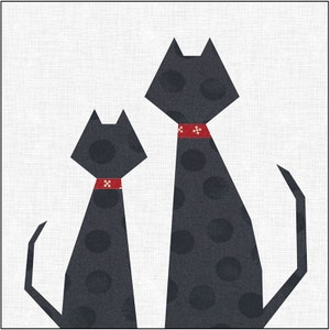 Pode incluir: Ilustração geométrica de dois gatos pretos com bolinhas. Os gatos têm coleiras vermelhas com cruzes brancas. O fundo é branco com uma textura sutil. Os gatos estão sentados.