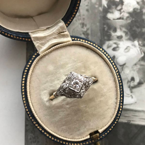 Delphine engagement ring - antique 1920s European diamond ring - Art Deco 20s two tone yellow and white gold wedding ring