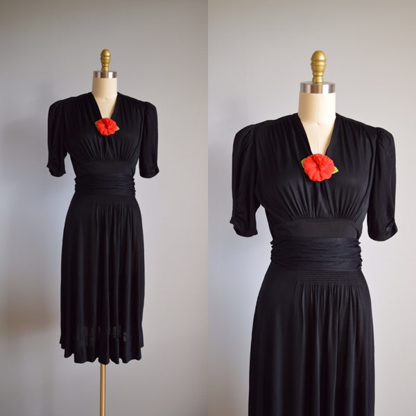 Victory Girl dress - vintage 1940s ruched black swing dress - 40s v neck puff sleeve dress