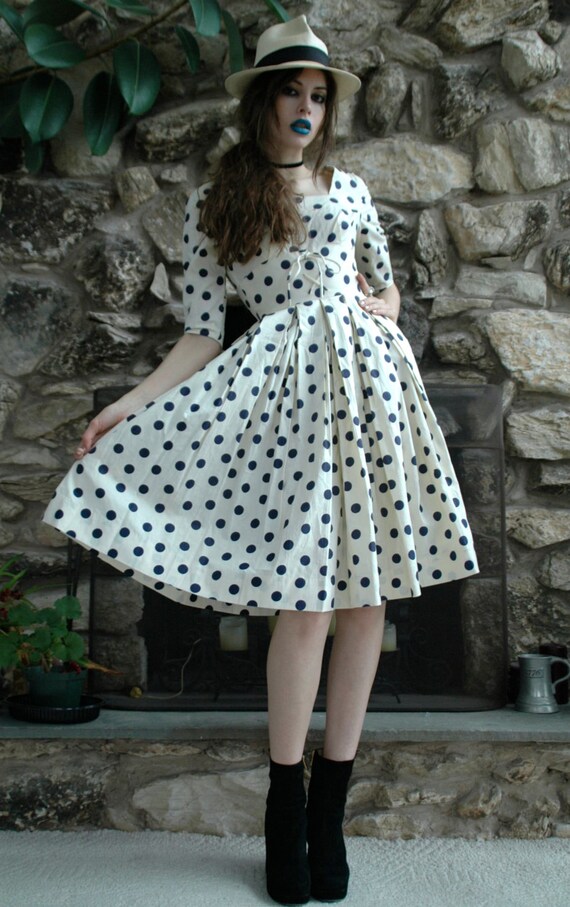 White and blue polka dot vintage dress
