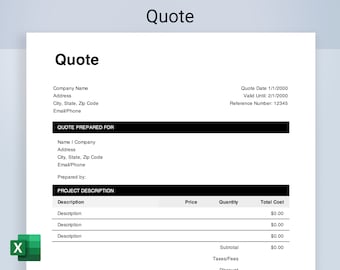 Quote Excel Template. Editable quote form for small business owners and freelancers, printable job quote, simple design
