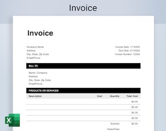 Invoice Excel Template. Editable invoice for small business owners and freelancers, printable invoice, simple design