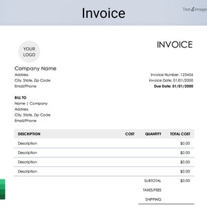 Invoice Template. Excel. Editable invoice for small business owners and freelancers, printable invoice, modern design