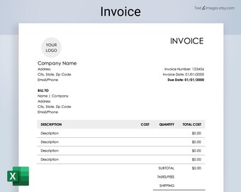 Invoice Template. Excel. Editable invoice for small business owners and freelancers, printable invoice, modern design