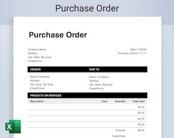 Purchase Order Excel Template. Editable purchase order for small business owners and freelancers, printable purchase order form