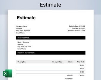 Plantilla de estimación de Excel. Estimación editable para propietarios de pequeñas empresas y autónomos, estimación imprimible, diseño simple