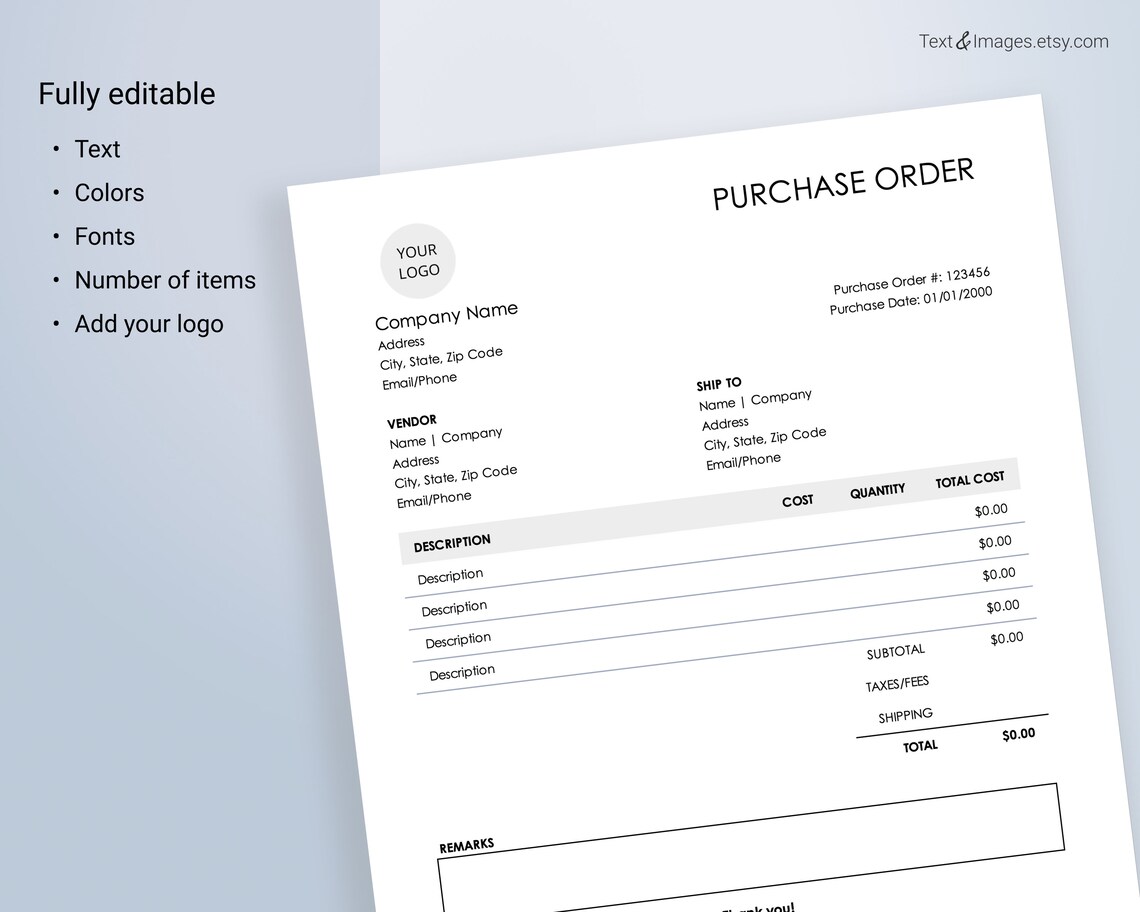 Purchase Order Template. Excel. Editable Purchase Order for Small ...